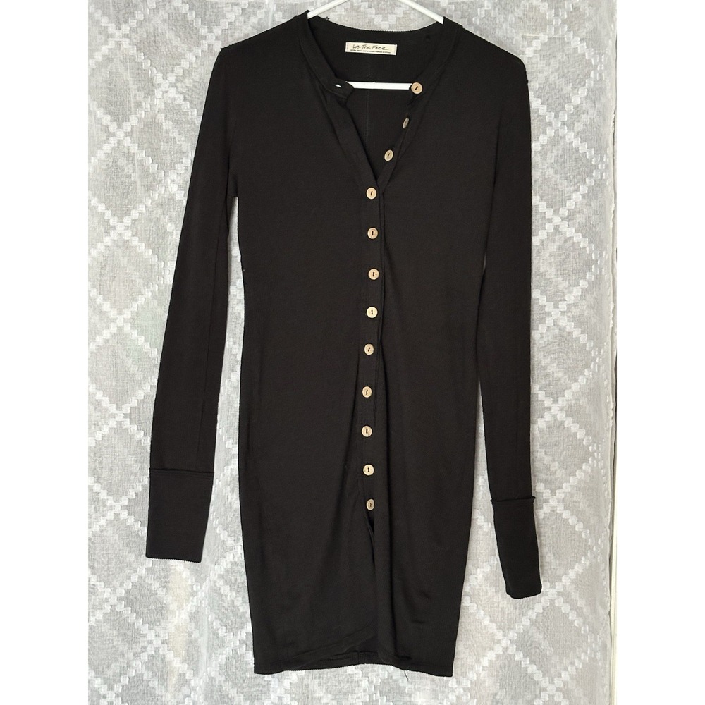 We the Free People Gia Ribbed Button‎ Up Cardigan Dress XS Black Simple Cozy LBD